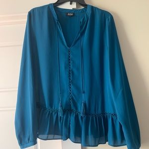 a.n.a A New Approach Teal Ruffle Hem Tie Neck Blouse Size Large
